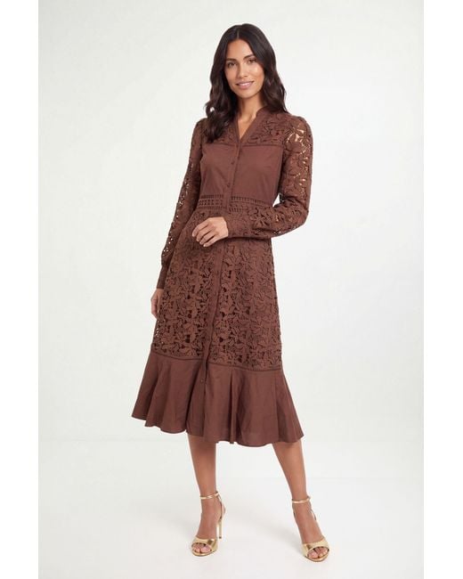 Wallis Brown Lace Insert Cotton Shirt Dress