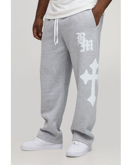 BoohooMAN Gray Plus Baggy Gothic Bm Cross Print Joggers for men