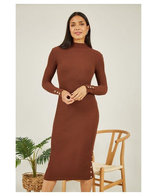 Mela London Brown Knitted Fitted Midi Dress Viscose