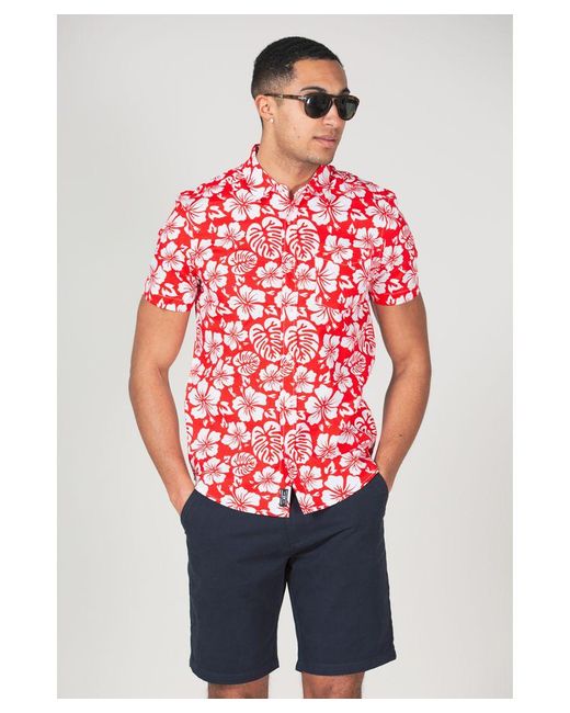 Tokyo Laundry Red 'Hamoa' Cotton Short Sleeve Button-Up Printed Shirt for men