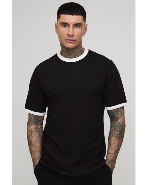 BoohooMAN Black Tall Ringer Crew Neck Regular Fit T-Shirt for men