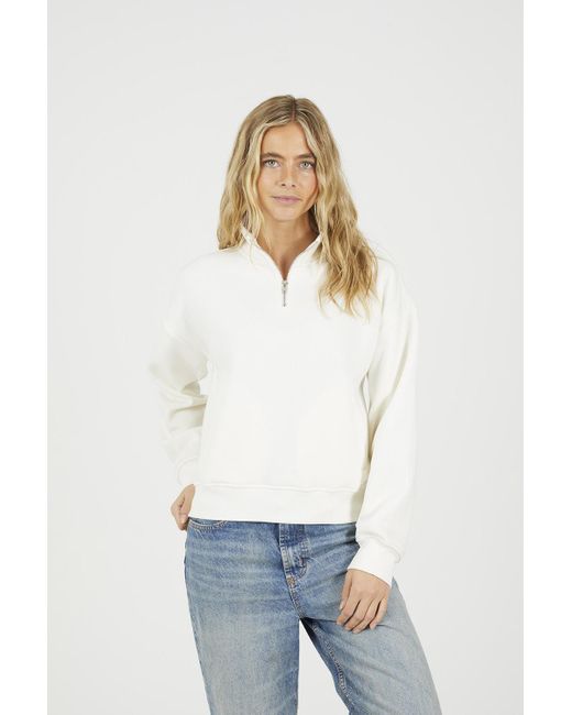 Brave Soul White Funnel Neck Quarter Zip Sweatshirt