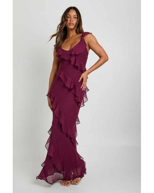 Boohoo Red Chiffon Ruffle Strappy Maxi Dress