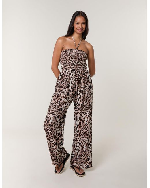 Blue Vanilla Brown Leopard Print Shirred Waist Jumpsuit