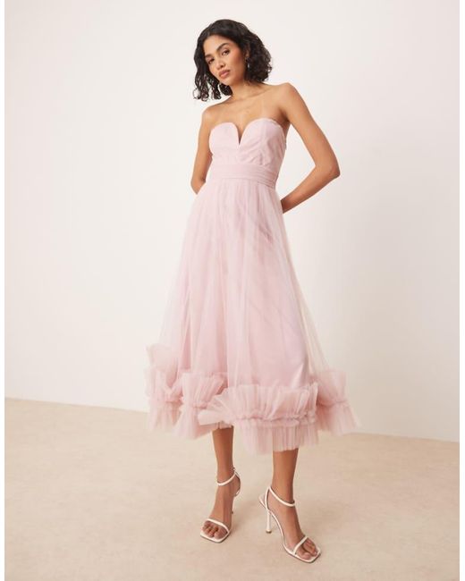 LACE & BEADS Pink Corset Tulle Ruffle Hem Midaxi Dress