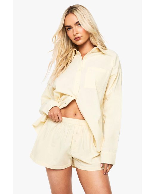 Boohoo Natural Cotton Poplin Button Front Shorts
