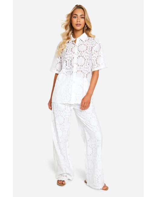 Boohoo White Broderie Lace Wide Leg Trouser