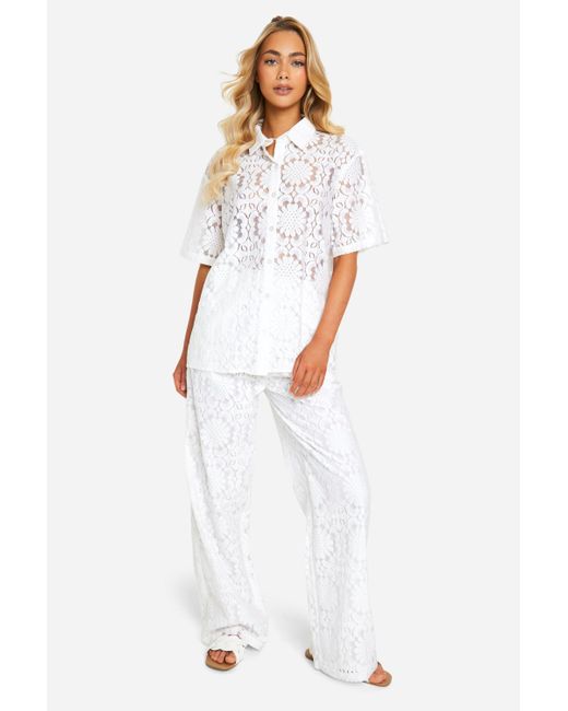 Boohoo White Broderie Lace Wide Leg Trouser
