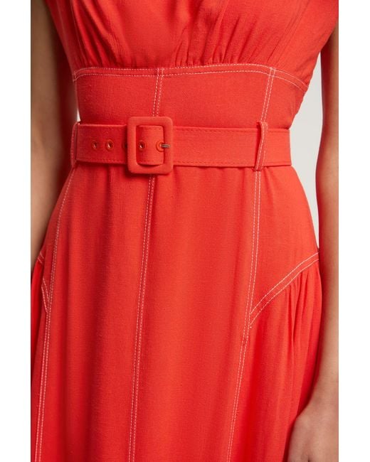 Karen Millen Red Contrast Topstitch Belted Midi Dress