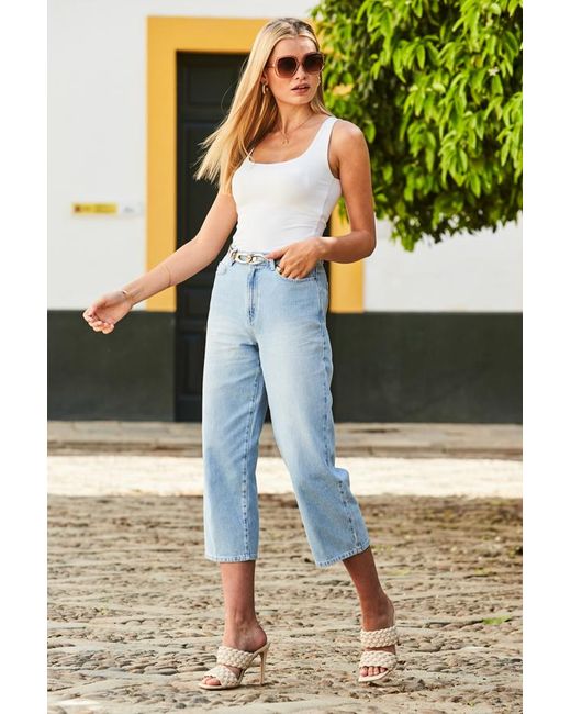 Sosandar Green Light Wash Denim Culotte Jeans