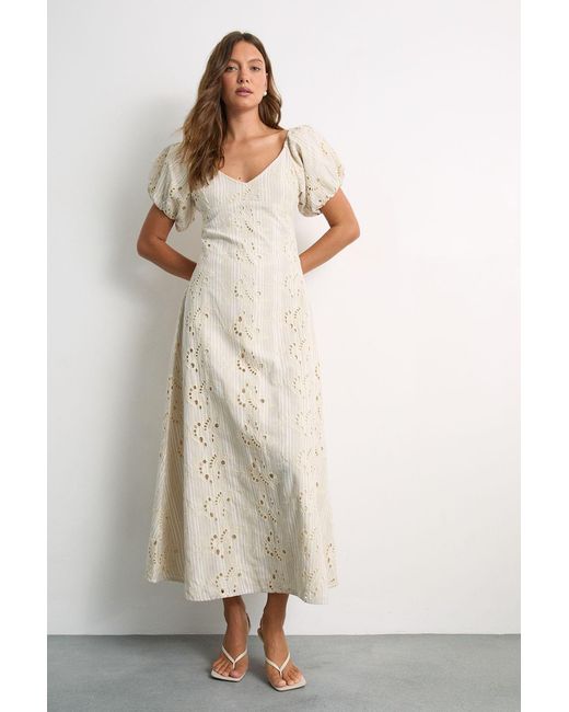 Warehouse Natural Stripe Cotton Broderie Midi Dress