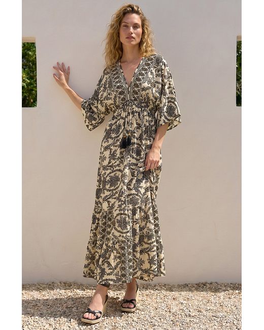 Roman Natural Floral Border Boho Maxi Dress
