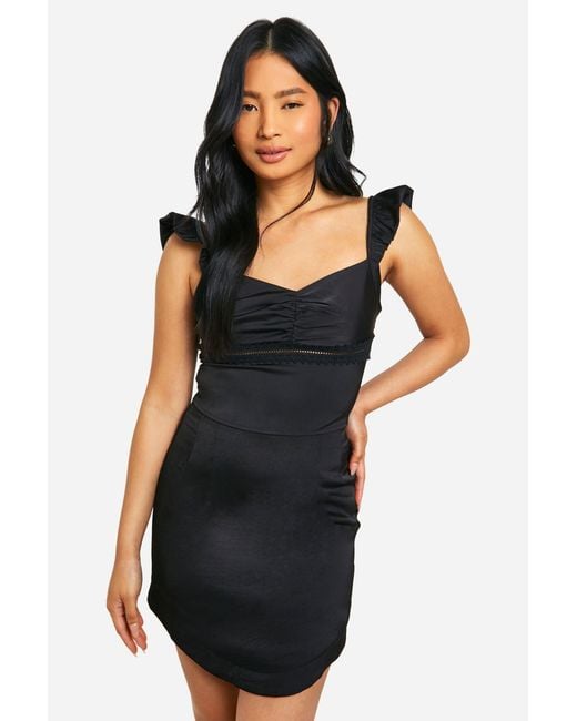 Boohoo Black Petite Lace Trim Frill Satin Top