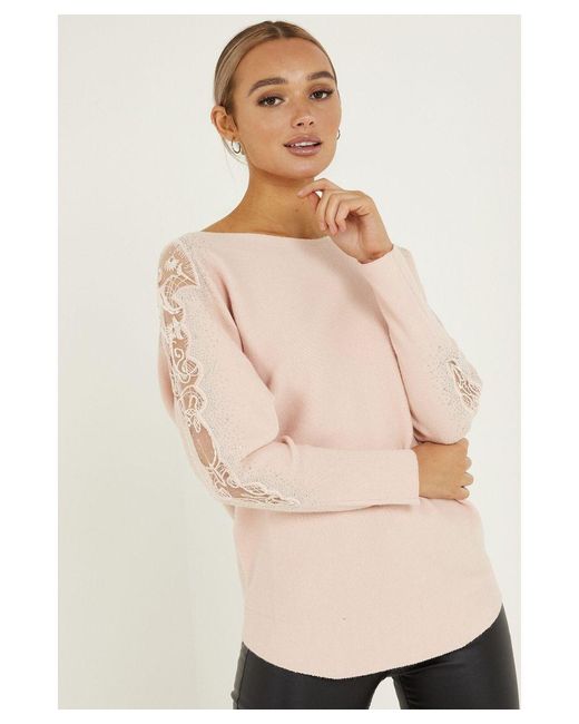 Quiz Natural Pink Knitted Lace Diamante Jumper
