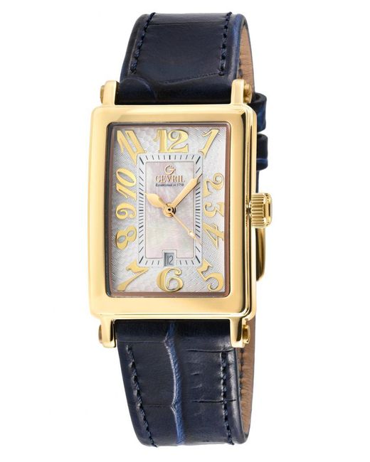 Gevril Blue Ave Of Americas Mini Ipyg Stainless Steel Case, Mop Dial Watch, Genuine Leather Strap