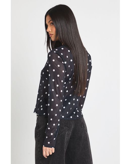 Boohoo Blue Polka Dot Print Mesh Button Through Top