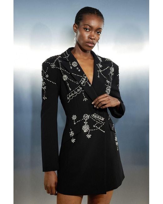 Karen Millen Black Tall Crystal Embelished Cady Blazer Woven Mini Dress