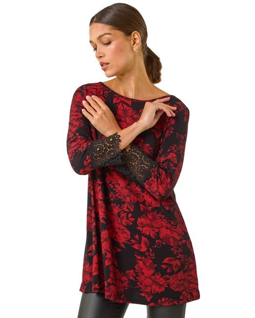 Roman Red Floral Print Lace Trim Stretch Top