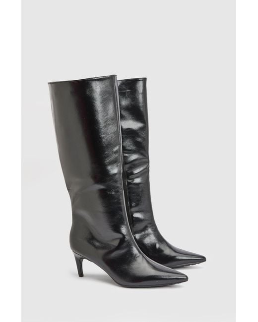 Faith Black Trixie Faux Leather Medium Stiletto Heel High Leg Boots