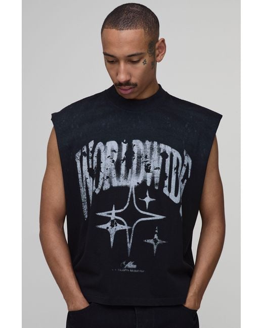 BoohooMAN Black Oversized Spray Wash Worldwide Star Print Tank Cotton for men
