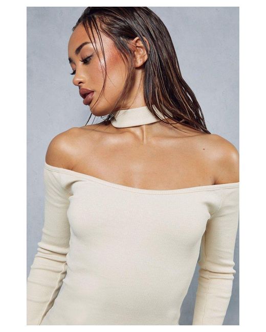 MissPap Gray Premium Ribbed Choker Neck Off Shoulder Mini Dress
