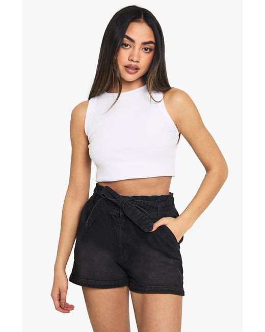 Boohoo White Paper Bag Waist Denim Short