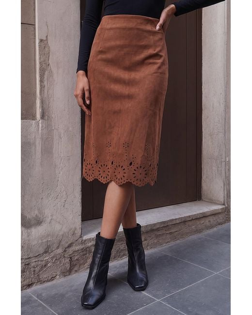Roman Brown Faux Suede Laser Cut Pencil Skirt