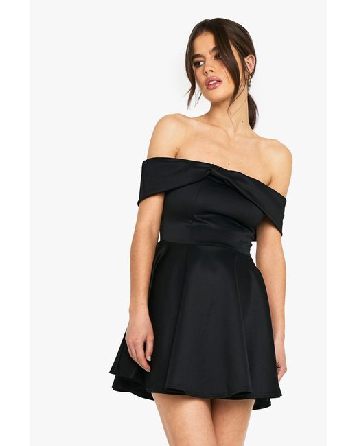 Boohoo Black Bonded Sucba Bardot Volume Skater Mini Dress