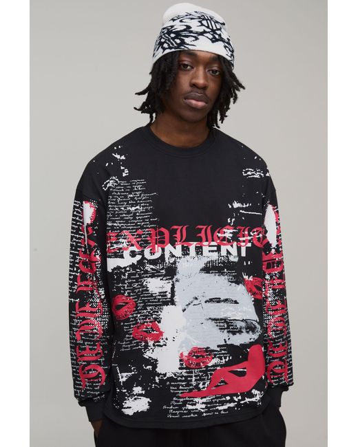 BoohooMAN Red Oversized Graphic Printed Long Sleeve T-Shirt for men