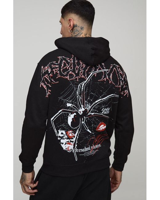 BoohooMAN Black Oversized Spider Over Seam Printed Hoodie Cotton for men