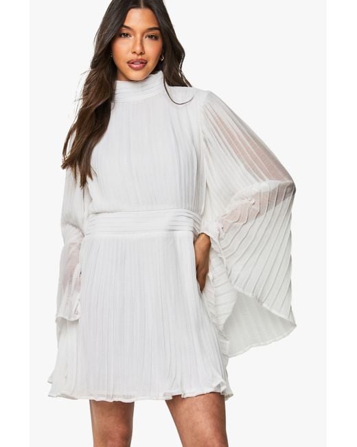Boohoo Gray Pleated Chiffon High Neck Flare Sleeve Mini Dress
