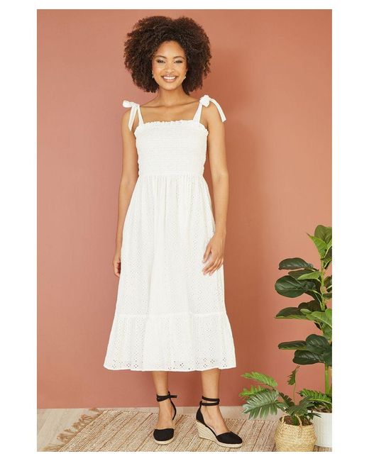 Mela London White Broderie Anglaise Ruched Midi Sundress With Tie Sleeves Cotton