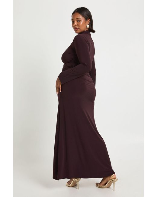 Boohoo Brown Plus Ruched Long Sleeve Top And Column Skirt