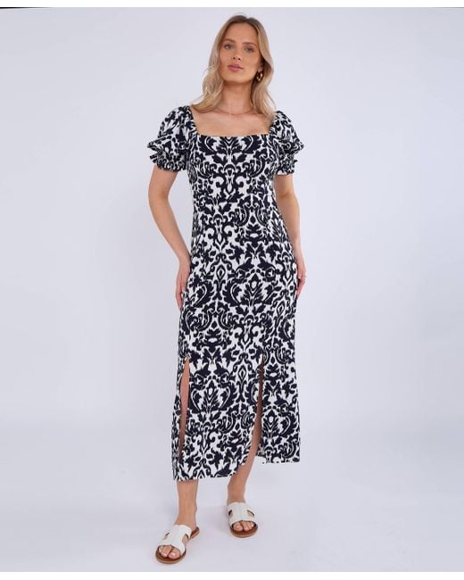 Gini London Blue Puff Sleeves Split Viscose Midi Dress