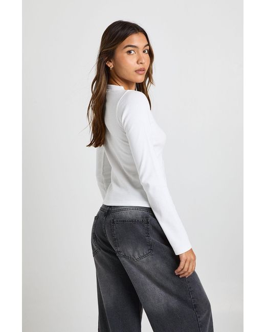 Boohoo White Rib Button Through Long Sleeve Top