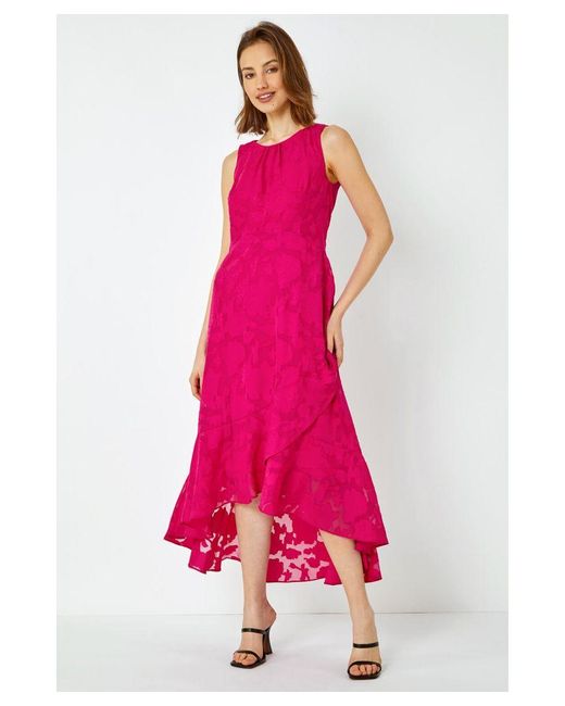 Roman Pink Sleeveless Jacquard Dipped Hem Midi Dress