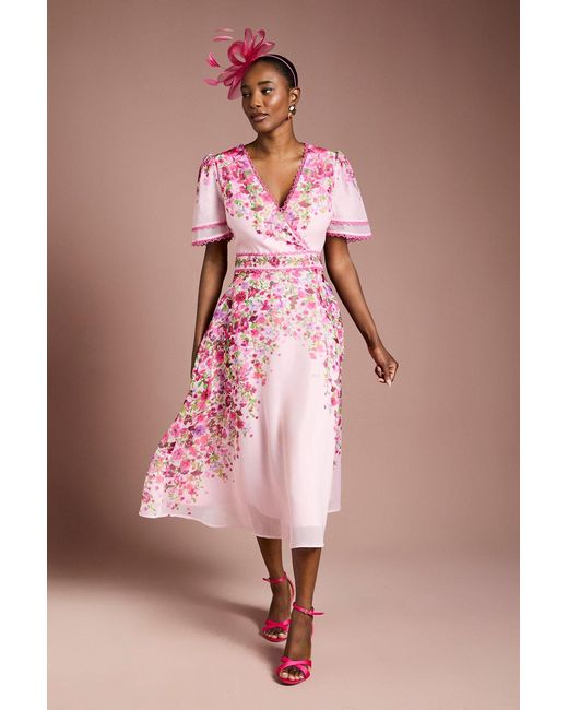 Coast Pink Placement Print Trailing Floral Organza Wrap Midi Dress