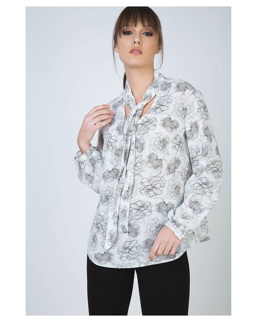 Conquista White Long Sleeve Floral Top With Neck Tie Detail And Button Cuffs By Fashion