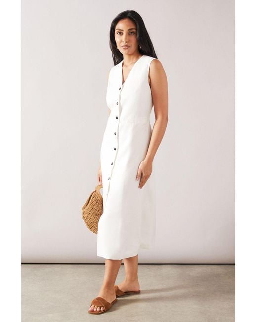 Wallis White Petite Viscose Mix Sleeveless Button Midi Dress