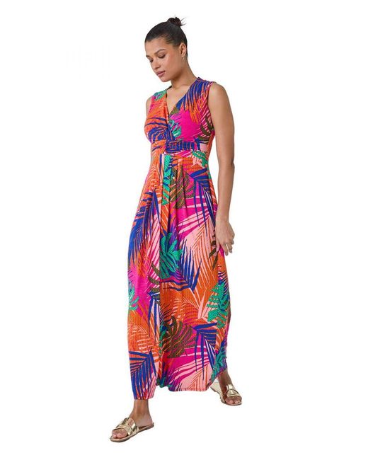 Roman Tropical Gathered Stretch Wrap Maxi Dress
