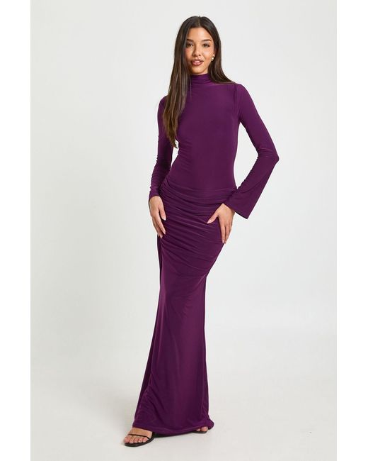 Boohoo Purple High Neck Drape Detail Maxi Dress