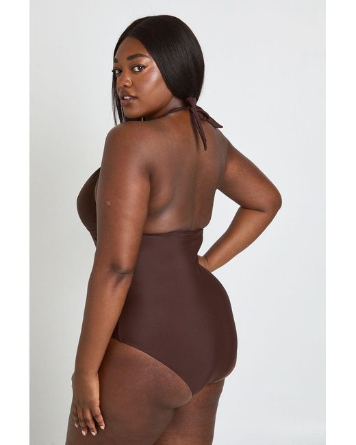 Boohoo Brown Plus Trim Detail Plunge Swimsuit