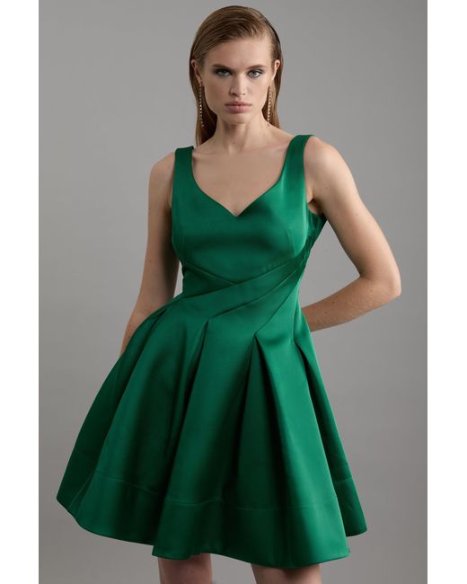 Karen Millen Green Structured Viscose Satin Tailored Prom Mini Dress
