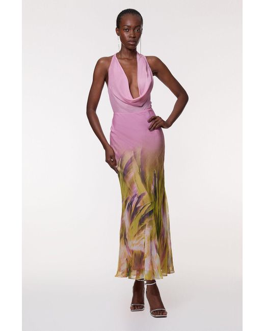Karen Millen Red Ombre Floral Cowl Neck Woven Maxi Dress