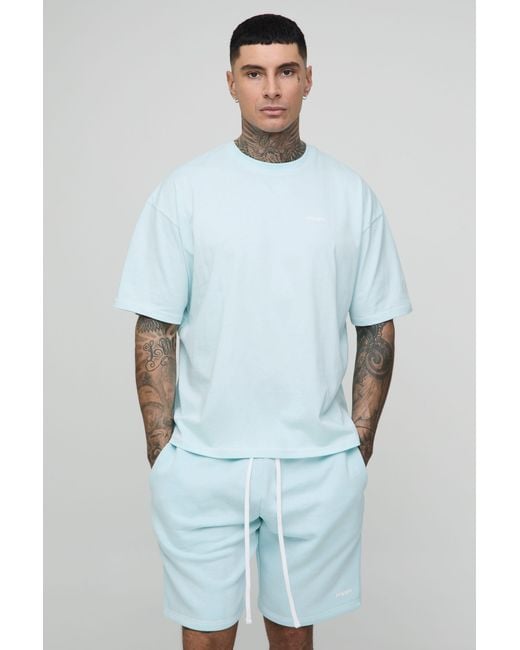 BoohooMAN Blue Tall Official Contrast Stitch Oversized Boxy T-Shirt & Relaxed Jersey Short Set for men
