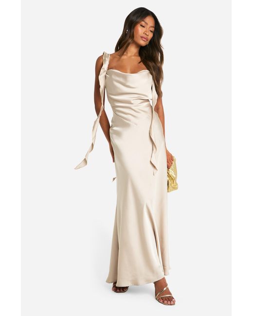 Boohoo Natural Satin Frill Strap Maxi Dress