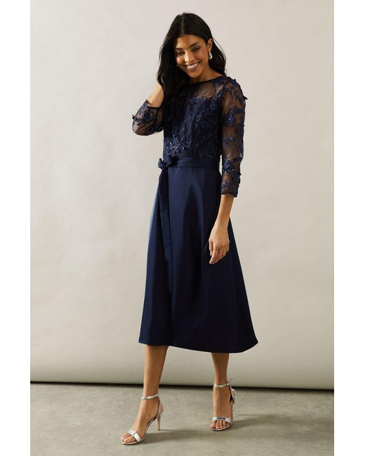 Wallis Satin And Mesh Overlay Fit And Flare Dress in Blue | Lyst UK
