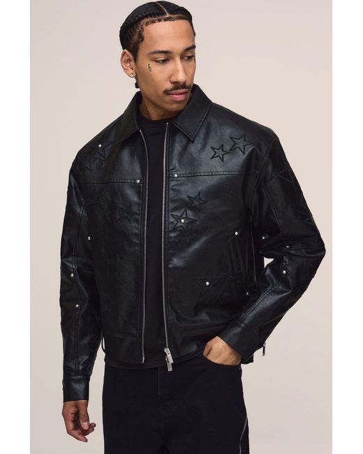 BoohooMAN Blue Boxy Fit Pu Star Applique Harrington Jacket for men