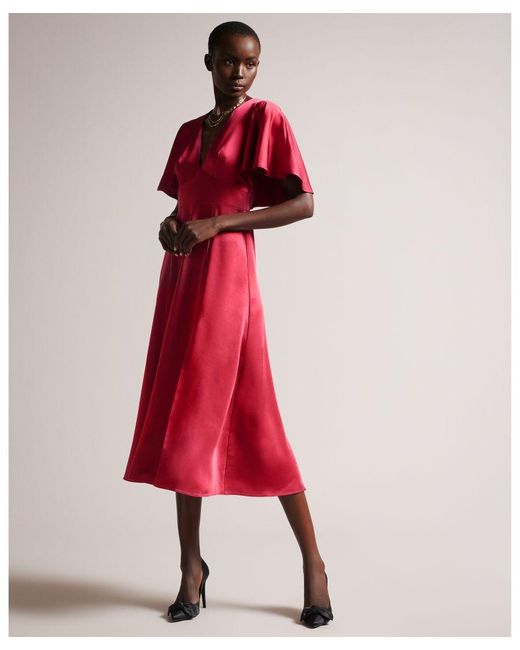 Ted Baker Red Immie Satin Midi Dress With Cape Sleeve