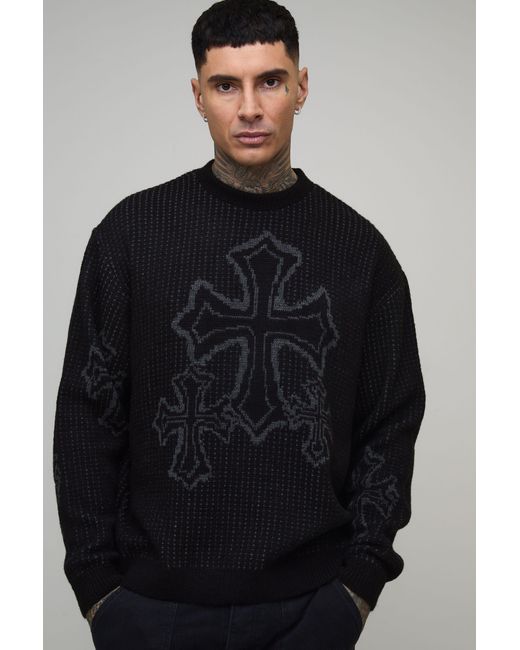 BoohooMAN Black Tall Oversized Boxy Fluffy Cross Jacquard Knitted Jumper for men